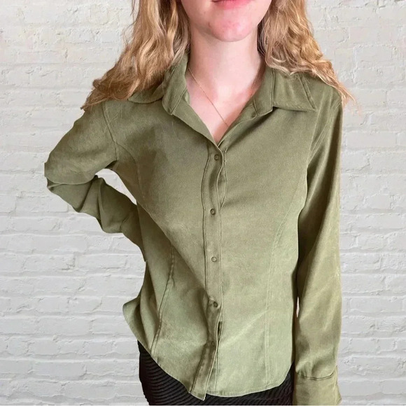 Joanna Sage Green Stretch Button Down Shirt | Soft Knit Collared Long Sleeve Top - Picture 3 of 10